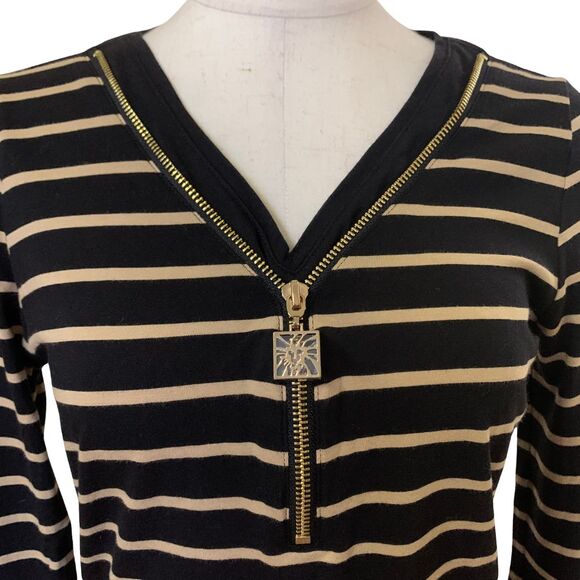 Anne Klein V-Neck Zip Front Long Sleeve Top Tan and Black Stripe Sweater Size S - Picture 2 of 10